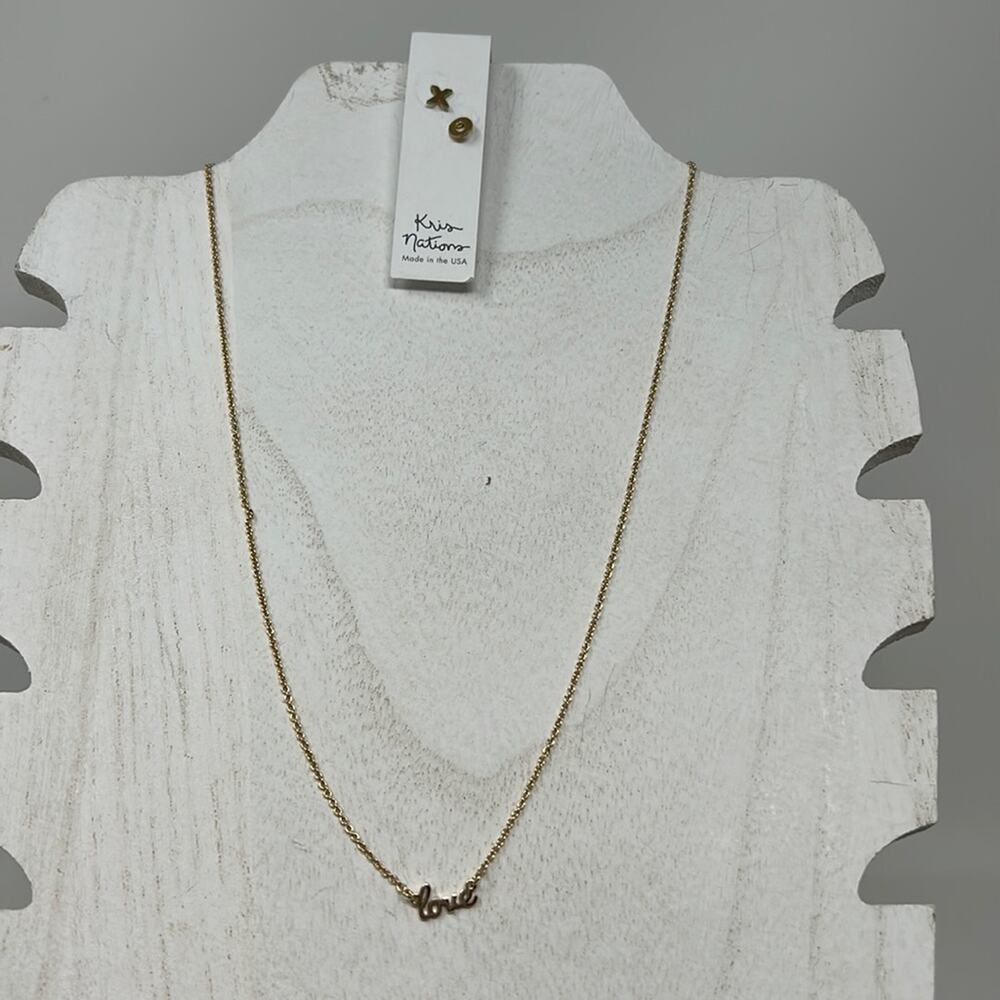 Kris Nations 2 Pc Gold Tone LOVE Necklace & Earrings NWT  Size 16-18 inches